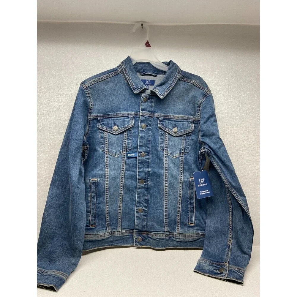 George Stretch Mens Denim Blue Jeans Jaket Front Buttons Size S (34-36)